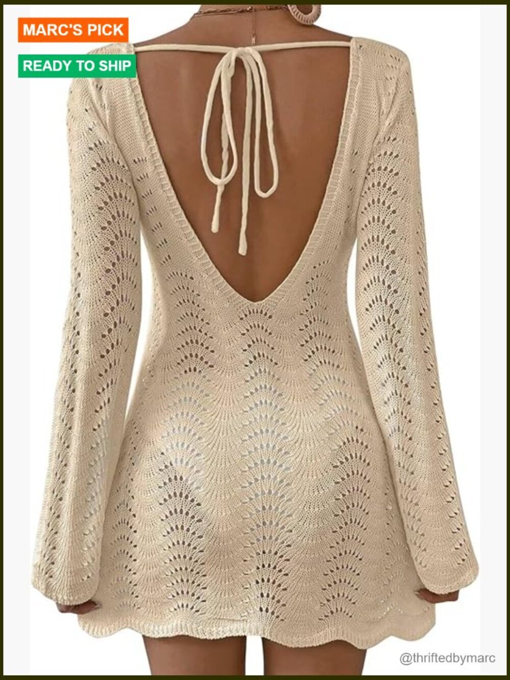 Long Sleeve Crochet Mesh Backless Swimsuit Cover Up Beach Vacation Outfit